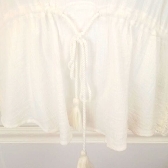 Intro boho cotton embroidered fringe drawstring waist/ tassels  ivory top (M) - Picture 5 of 11